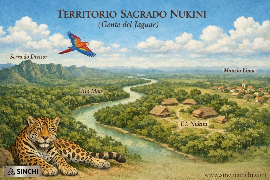 Mapa ilustrado del territorio sagrado Nukini en la selva amazónica con el río Moa y Serra do Divisor